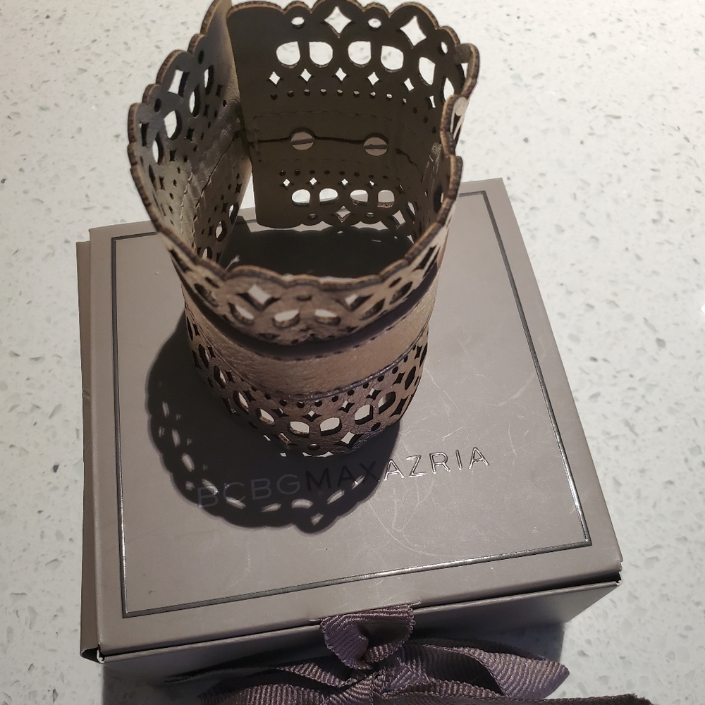 BCBG rose gold perforated lace design real leather cuff bracelet